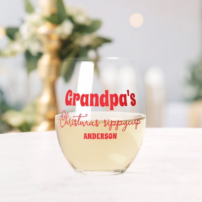 Custom Grandpa's Christmas Sippy Cup Stemless Wine Glass (Insitu (Wedding))