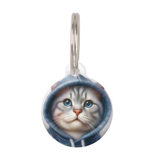 Custom Gray and White Tabby Cat Blue Eyes Hoodie Pet ID Tag