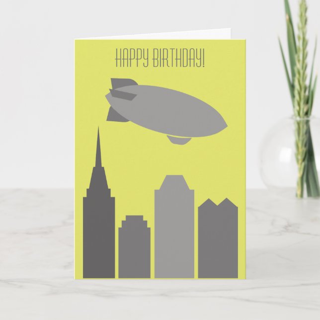 Custom Gray and Yellow Blimp Airship Birthday Card (Front)