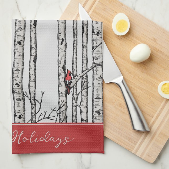 Custom Gray Birch Trees and Red Cardinal Birds Kitchen Towel (Quarter Fold)