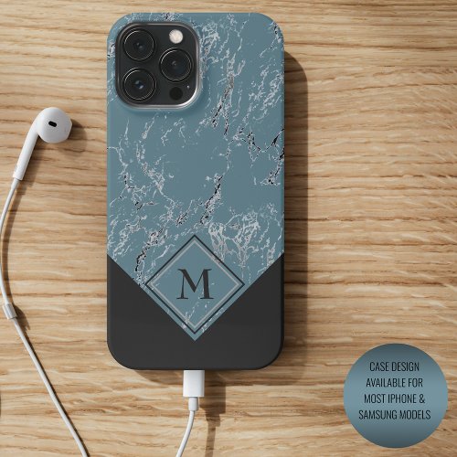 Custom Gray Black Marble On Chic Teal Blue Green iPhone 15 Pro Max Case