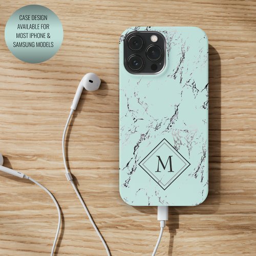 Custom Gray Black Marble Pattern On Mint Green iPhone 15 Pro Max Case