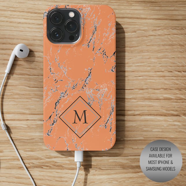 Custom Gray Black Marble Pattern On Salmon Orange Iphone Case (Creator Uploaded)