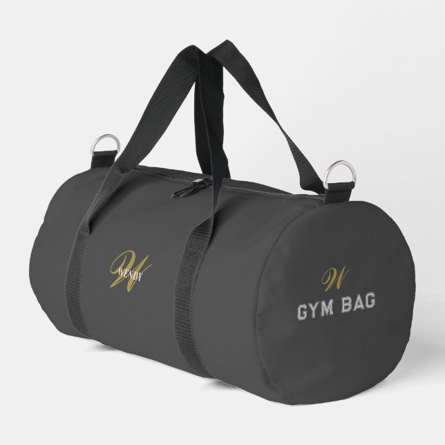 Custom Gray Black Monogram Initial Sport Gym Duffle Bag (Left Corner)