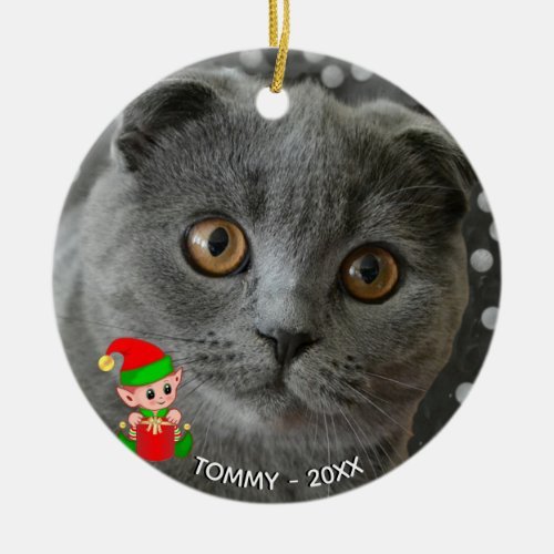Custom Gray Cat Photo with Cute Elf Ceramic Ornament