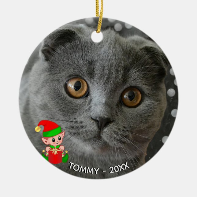 Custom Gray Cat Photo with Cute Elf Ceramic Ornament (Front)
