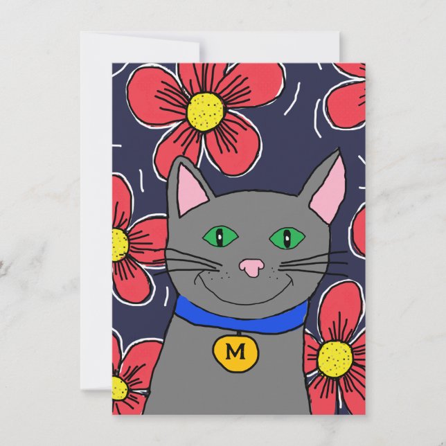 custom gray cat with flowers personalize initial  card (Front)