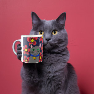 custom gray cat with flowers personalize initial coffee mug