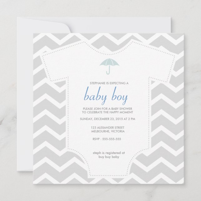 Custom gray chevron shirt baby shower invitation (Front)
