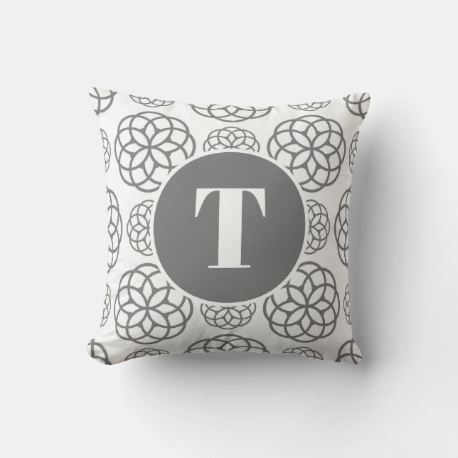 Custom Gray Circle Pattern Monogrammed Throw Pillow (Front)