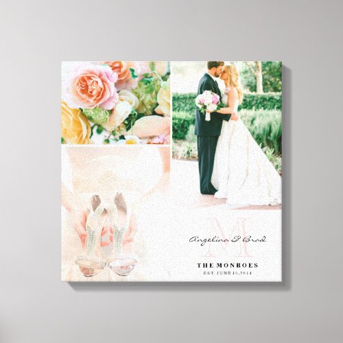 Custom Gray Floral Monogram Wedding Photo Collage Canvas Print
