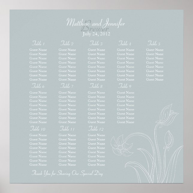 Custom Gray Floral Wedding Reception Seating Chart (Front)