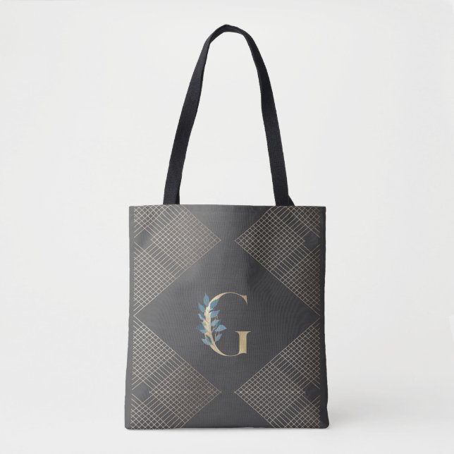 Custom Gray Gold Foil Monogram Botanical Geometric Tote Bag (Front)