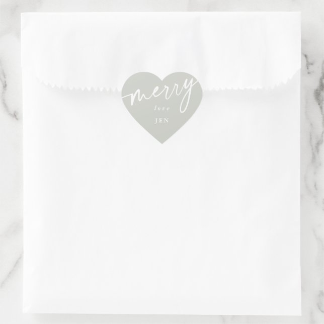 Custom Gray-Green+White 'Merry' Christmas/Holiday Heart Sticker (Bag)