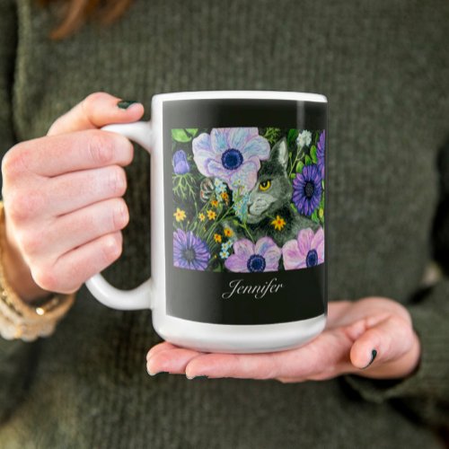 Custom Gray Kitten in Purple Flowers Mug