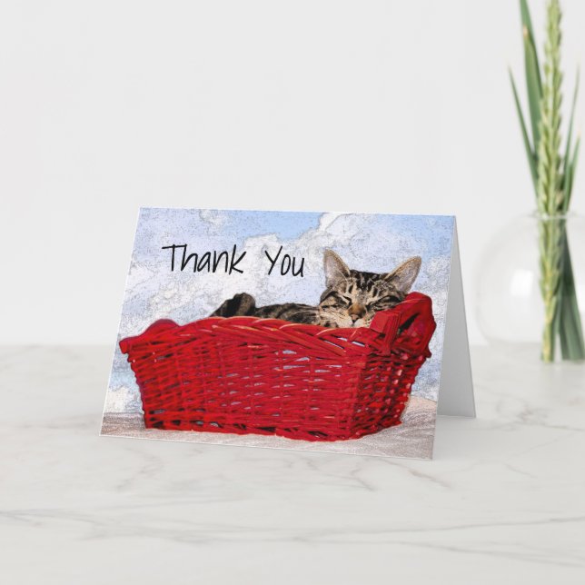 Custom Gray Kitten Sleeping in Red Basket Photo Thank You Card (Front)