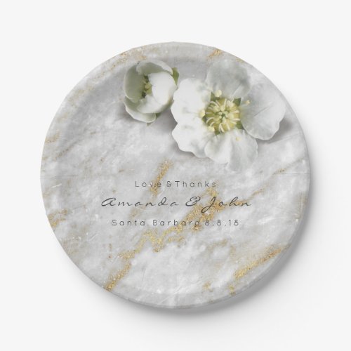 Custom Gray Marble Gold Glitter White Real Flower Paper Plates