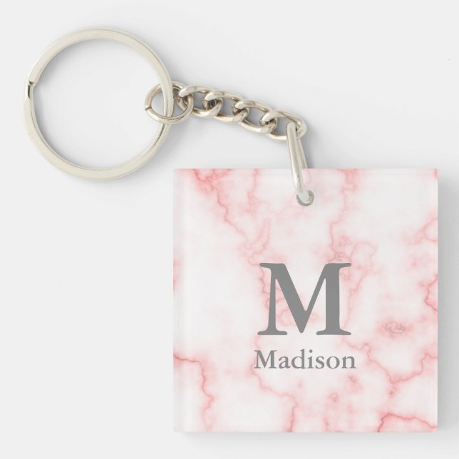 Custom Gray Monogram and Name on Pink Marble Look Keychain (Front)