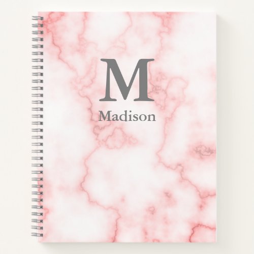 Custom Gray Name and Monogram on Pink Marble Look Notebook