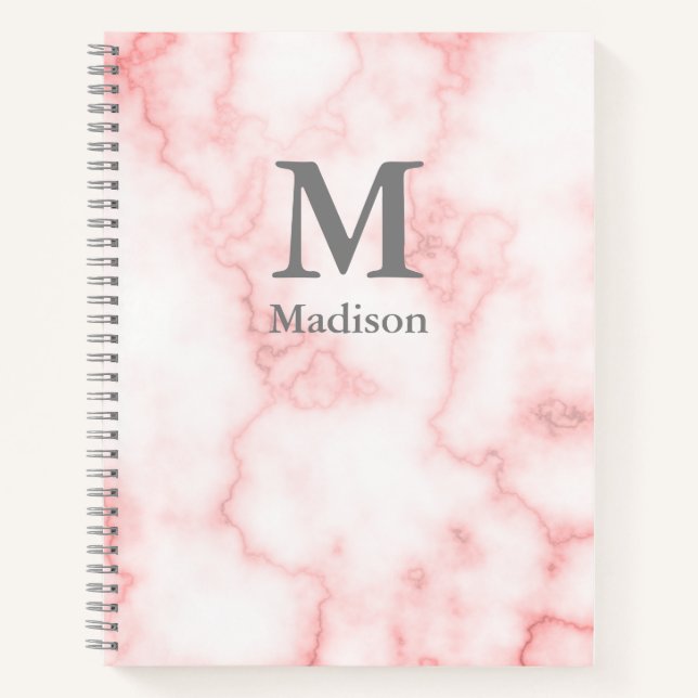 Custom Gray Name and Monogram on Pink Marble Look Notebook (Front)
