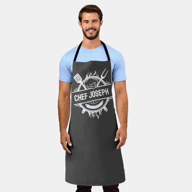 Custom Gray Name Chef Grill Cook Father's Day Gift Apron (Worn)