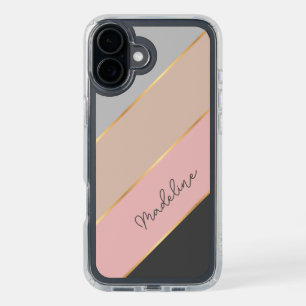 Custom Gray Pastel Coral Blush Peach Pink Stripes iPhone 16 Plus Case
