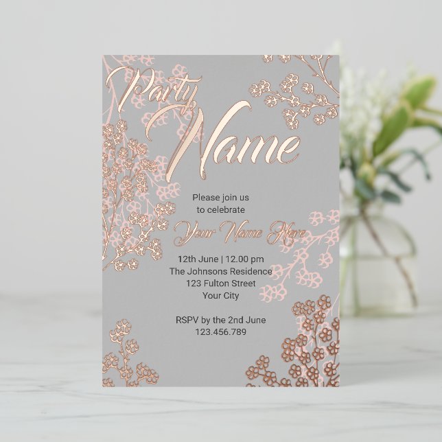 Custom Gray Pink Elegant Floral Blooming Party Foil Invitation (Standing Front)