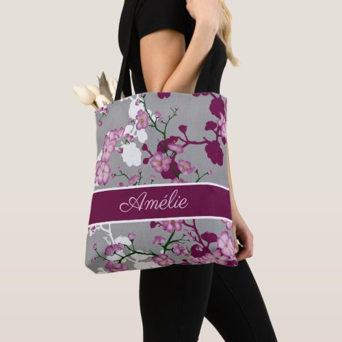 Custom Gray Pink White Burgundy Cherry Blossoms Tote Bag