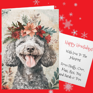 Custom Gray Poodle Christmas Floral Crown Holiday Card