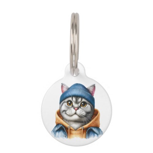 Custom Gray Tabby Cat Wearing Hoodie Jacket Hat Pet ID Tag