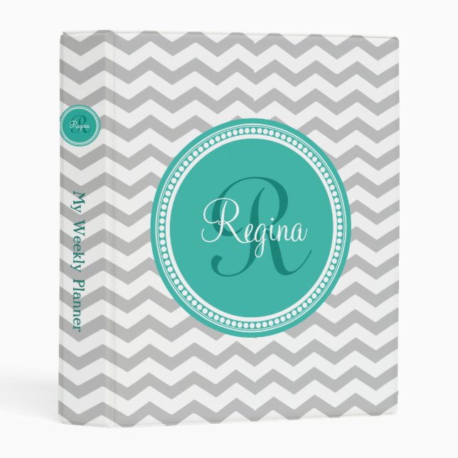 Custom  Gray Teal Chevron Monogram Personalized Mini Binder (Front/Spine)