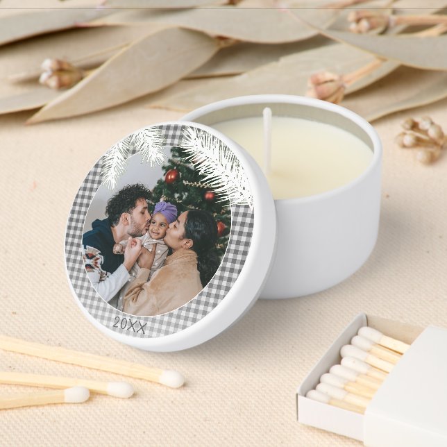 Custom Gray White Plaid Gingham Pattern Mini Candle Favors (Insitu)