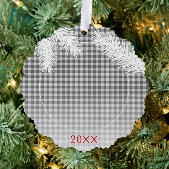 Custom Gray White Plaid Gingham Pattern Ornament Card (Insitu (Tree))