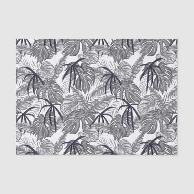 Custom Gray & White Tropical Leaves Tissue Paper (Front)
