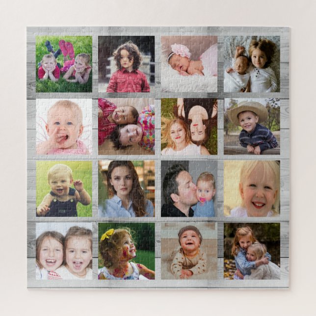 Custom Gray Wood 16 Square Family Photo Collage Jigsaw Puzzle (Vertical)