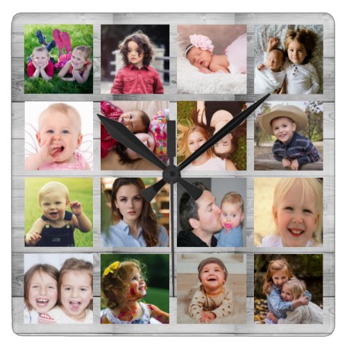 Custom Gray Wood 16 Square Family Photo Collage Square Wall Clock