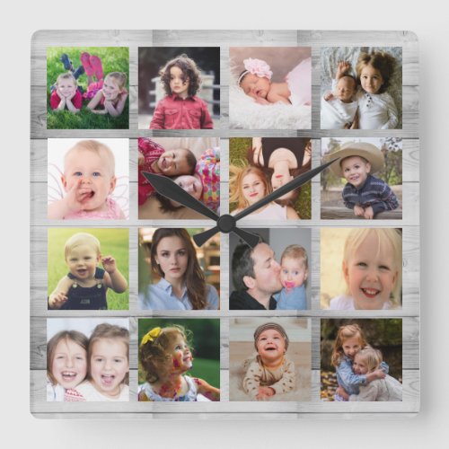 Custom Gray Wood 16 Square Family Photo Collage   Square Wall Clock