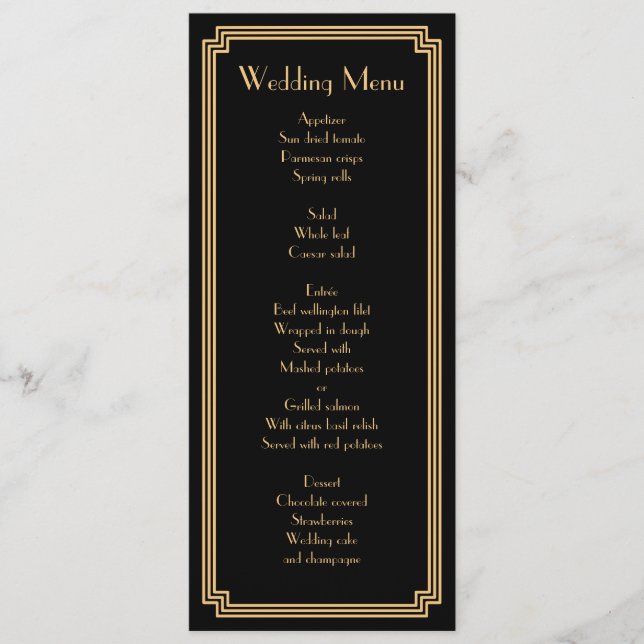 Custom Great Gatsby Art Deco Black Wedding Menu (Front)