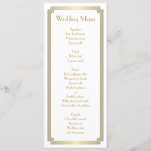 Custom Great Gatsby Art Deco White Wedding Menu