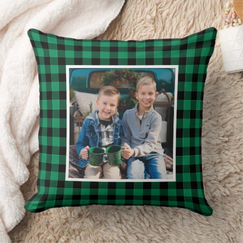 Custom Green and Black Buffalo Plaid Holiday Photo Throw Pillow