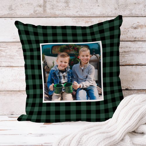 Custom Green and Black Buffalo Plaid Holiday Photo Throw Pillow