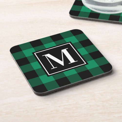 Custom Green and Black Buffalo Plaid Monogram Beverage Coaster