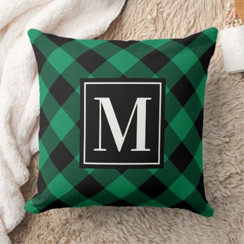 Custom Green and Black Buffalo Plaid Monogram Throw Pillow