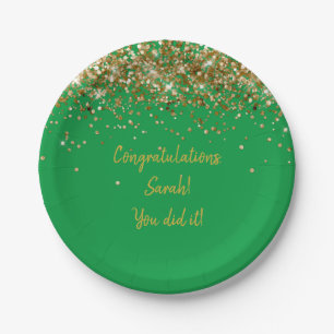 Custom Green and Gold Graduation Party Glitter Paper Plates
