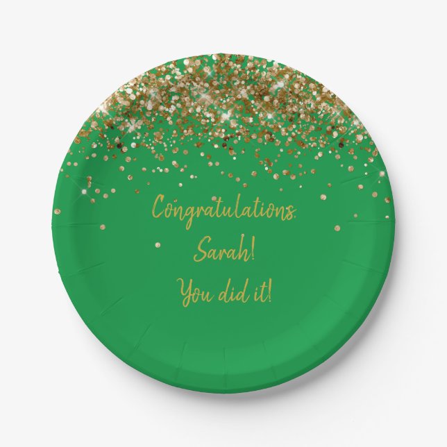 Custom Green and Gold Graduation Party Glitter Paper Plates (Front)