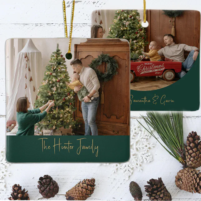 Custom Green and Gold Minimalist Arch Family Photo Ceramic Ornament ...