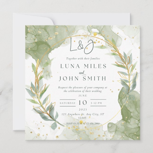 Custom Green and gold Wedding Invitations (Front)
