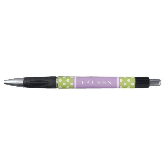 Custom Green and Lavender Polka Dots Pattern Pen (Front)