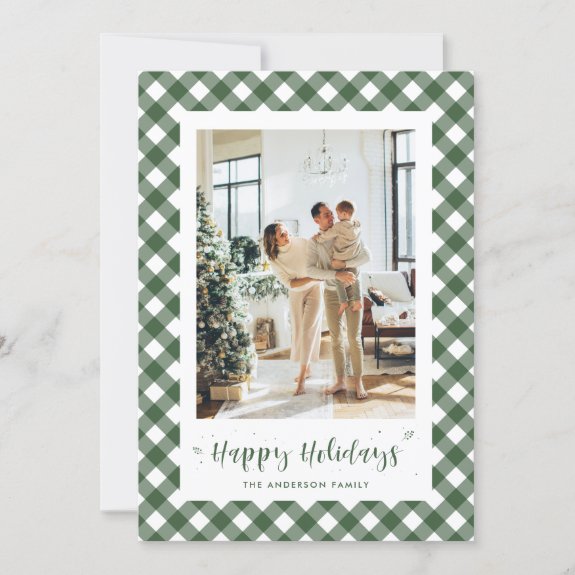 Custom Green and White Plaid Photo Holiday Card