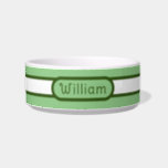 Custom Green and White Striped  Pet Bowl<br><div class="desc">This personalized pet dish is the perfect way to show your furry friend how much you care. The green and white stripes are sure to add a touch of fun to your pet's feeding area, and the personalized name will make them feel extra special. Your pet's name is dark green...</div>